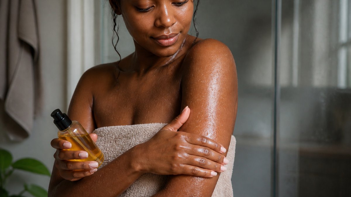 Woman with melanin-rich skin applying body oil to her arm immediately after showering, with water droplets visible on skin and a warm, dewy glow emerging under soft bathroom lighting