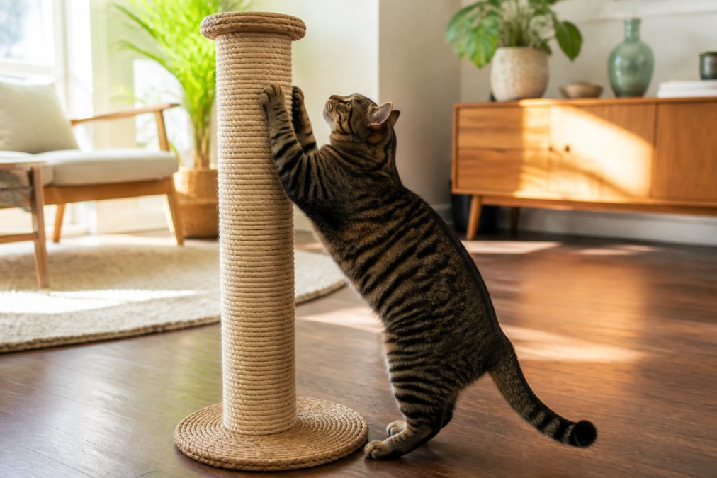 A tabby cat stretching upward and scratching a tall natural sisal post in a bright, modern living room with wooden floors and soft afternoon sunlight