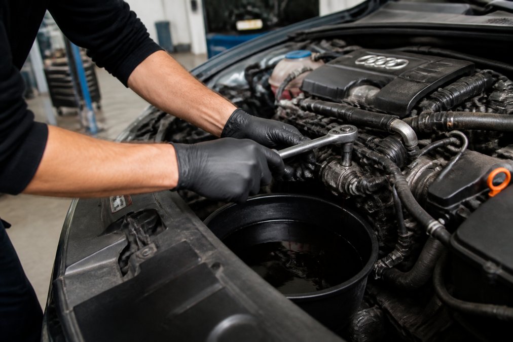 Mechanic's hands performing oil filter replacement on Audi engine, socket wrench positioned on drain plug, drain pan positioned below, engine compartment clearly visible