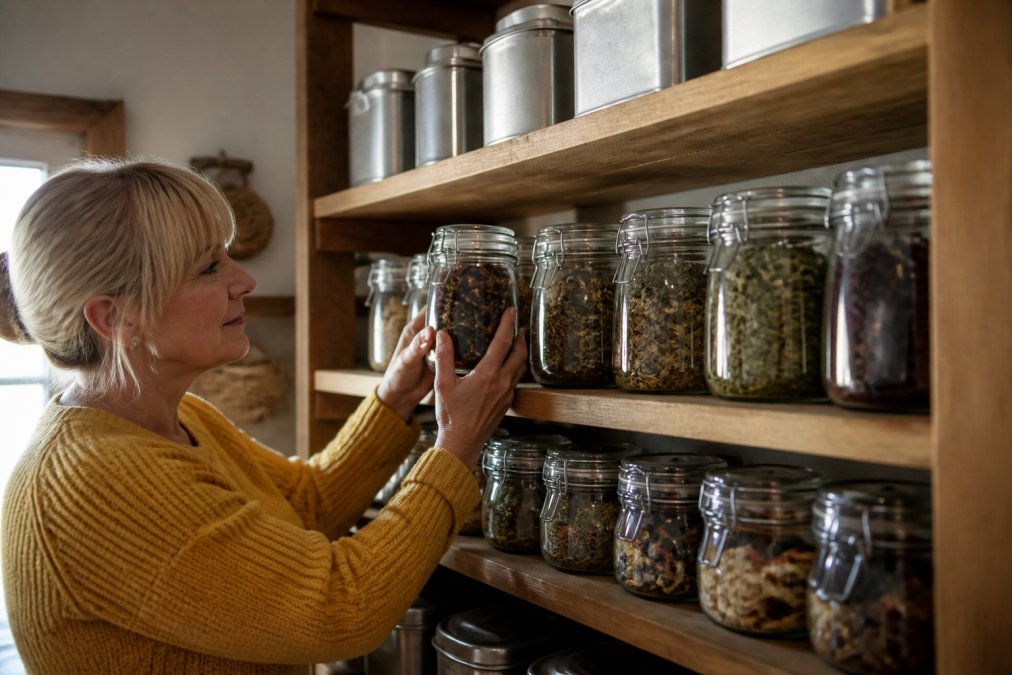 Organized collection of glass jars and airtight containers filled with different loose leaf teas, stored on a wooden shelf away from direct sunlight, with handwritten labels visible on each jar, in a cool pantry setting