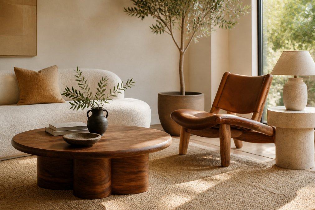 A sunlit living room corner styled with a sculptural walnut coffee table, a curved leather lounge chair, and a travertine pedestal side table holding a linen-shaded lamp, with soft neutral textiles and a potted olive tree