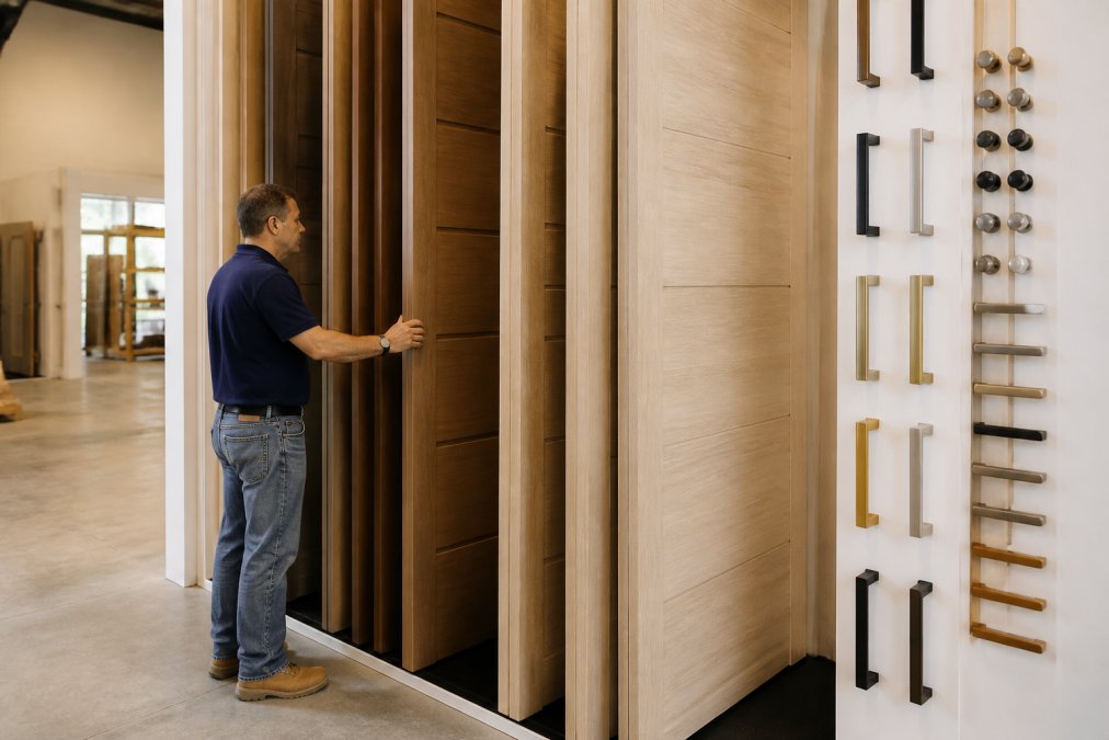 A contractor examining oversized interior door samples displayed in a modern showroom, with various wood finishes and hardware options visible on display racks