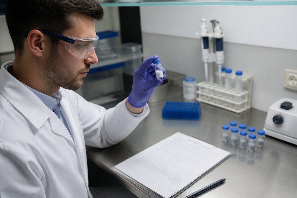 Professional researcher in laboratory examining peptide sample vial under bright lighting, with Certificate of Analysis document visible on workbench, sterile environment