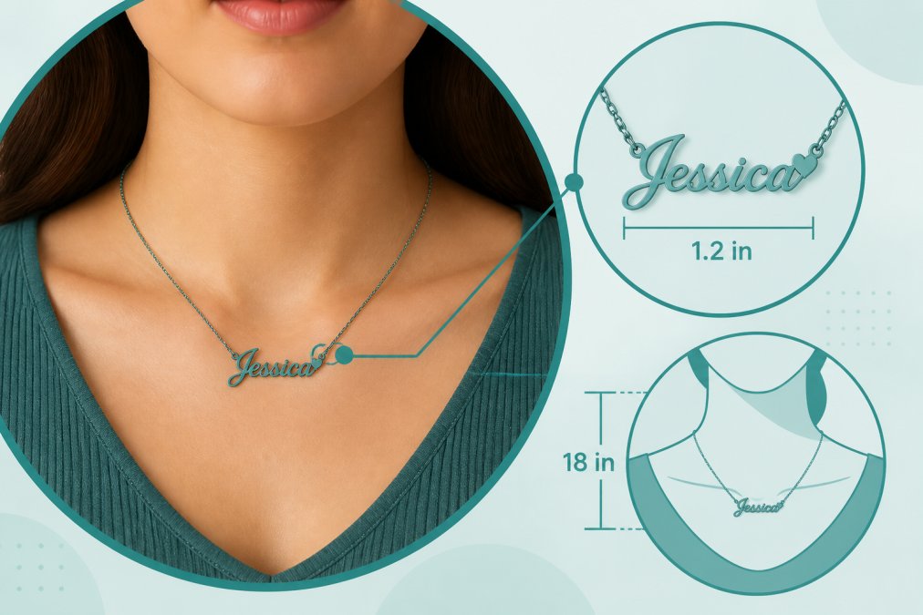Close-up of a woman wearing a personalized nameplate necklace, showing the pendant detail and how it sits on her collarbone, with soft natural lighting