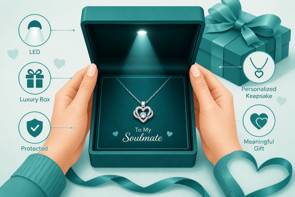 Hands opening a luxury gift box containing a personalized necklace with LED spotlight, showing the presentation and unboxing moment