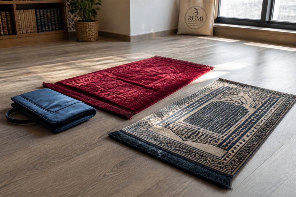 A collection of prayer mats laid out on a wooden floor in a bright room, showing a folded travel mat, a plush velvet mat with deep red pile, and a woven mat with geometric motifs