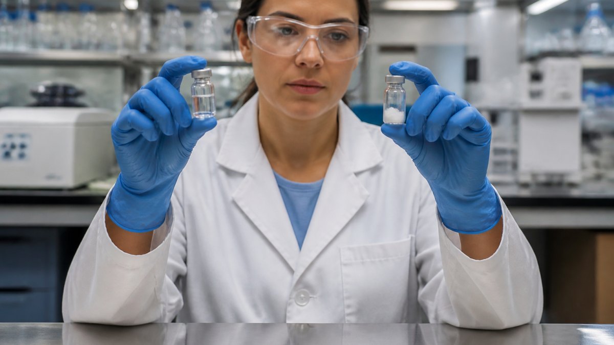 Researcher in a lab comparing pre-mixed research peptides in a vial to a lyophilized powder vial.