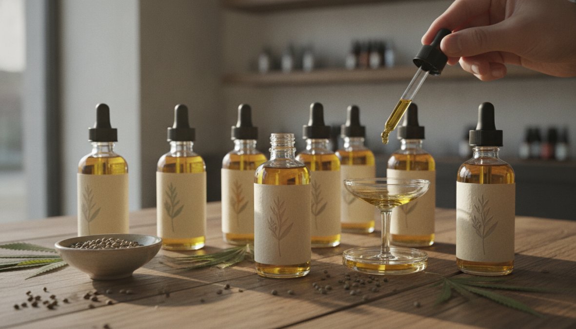 Close-up of premium CBD oil tincture bottles with glass droppers displayed on clean white surface with natural morning light