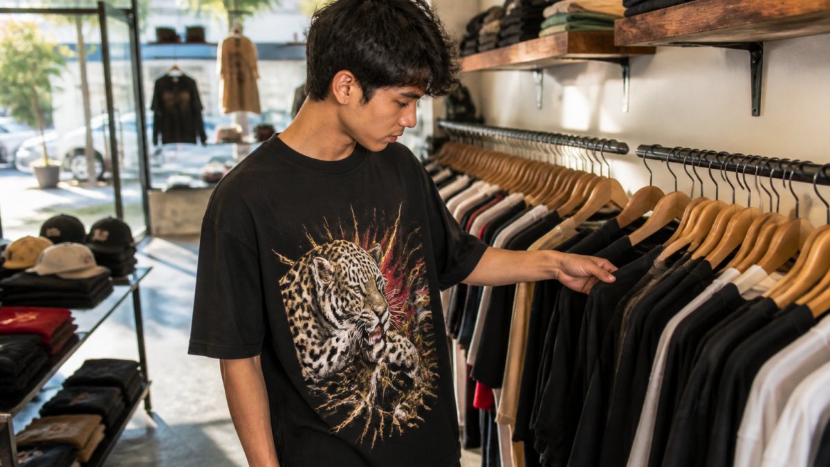 A young adult in a bold graphic tee browsing a curated streetwear rack in a bright independent clothing store, warm afternoon light through the window