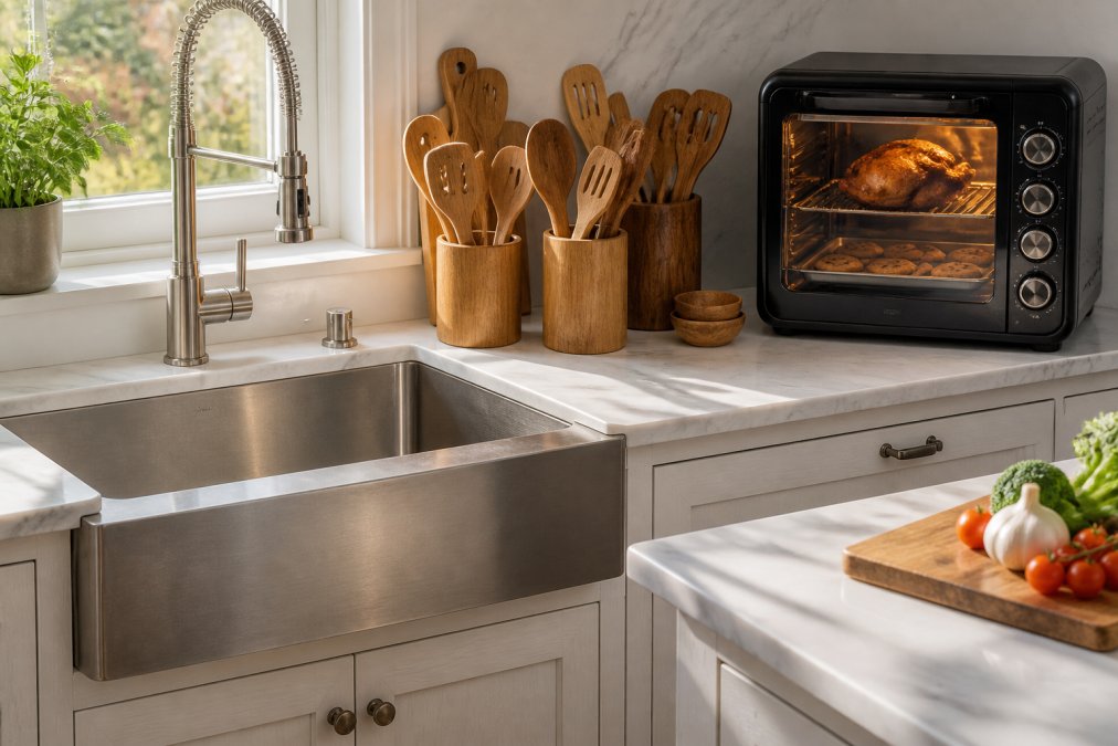 Modern kitchen countertop with stainless steel farmhouse sink, premium wooden utensil sets neatly organized, and a 12-quart air fryer oven displaying golden roasted chicken and freshly baked cookies, natural afternoon sunlight streaming through windows