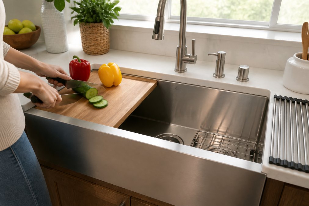 Thoughtfully designed home kitchen workspace with a 36-inch stainless steel farmhouse sink, premium wood cutting board accessory, organized stainless steel drain rack, and carefully arranged premium kitchen fixtures in soft natural light, showing a person's hands preparing fresh ingredients