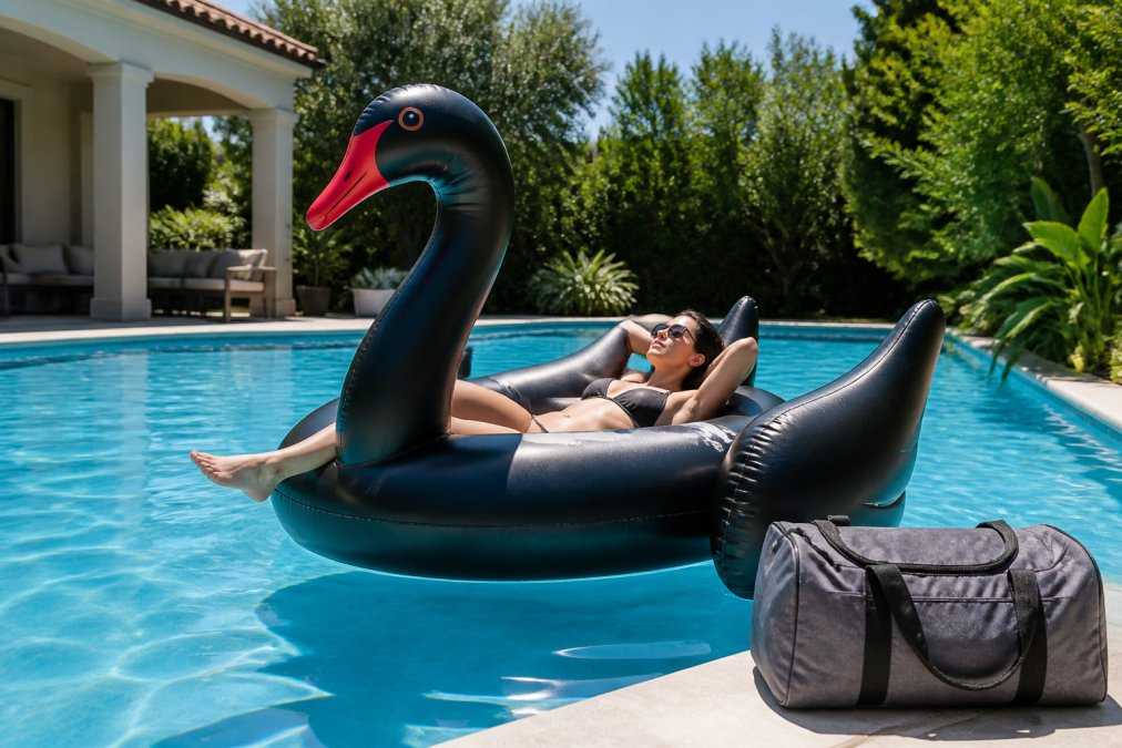 A black swan pool float resting on calm blue water in a sunny backyard pool, with a person relaxing on it and a pool bag nearby