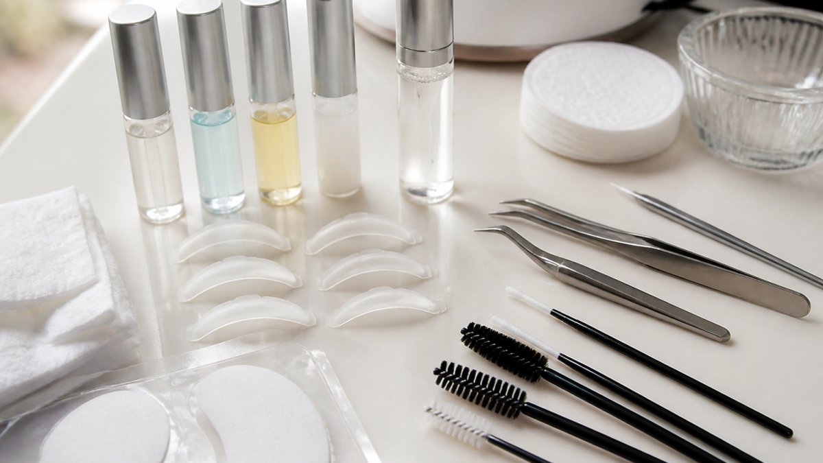 Professional lash lift kit components including lifting solution bottles, setting lotion, nourishing serum, lash shields in various sizes, applicators, protective eye pads, and cleaning brushes arranged on a clean white salon workspace with natural lighting
