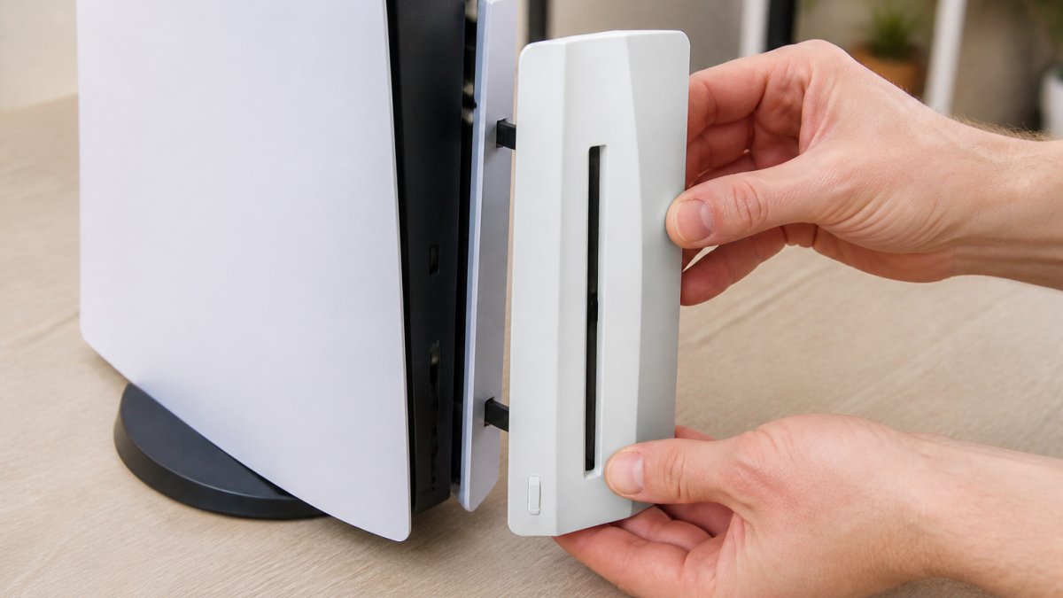 Close-up of hands carefully inserting the PS5 Slim disc drive into the slot on the console's side, showing the magnetic connection point and proper alignment