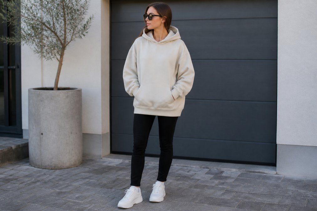 Person wearing an oversized faith-inspired hoodie in neutral color, styled with fitted black jeans and white sneakers, standing in natural daylight with relaxed confident posture