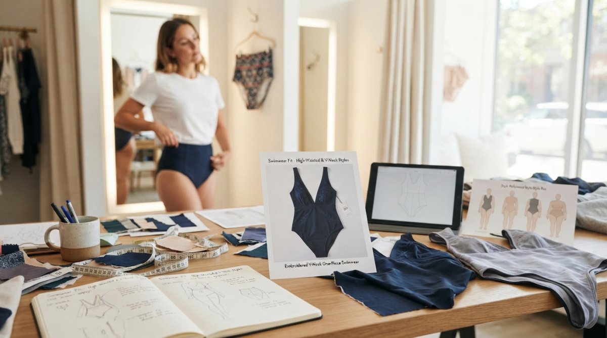 Woman in a fitting room trying on different swimsuit styles, examining fit in a mirror with natural afternoon lighting, holding a high-waisted bikini bottom against her body