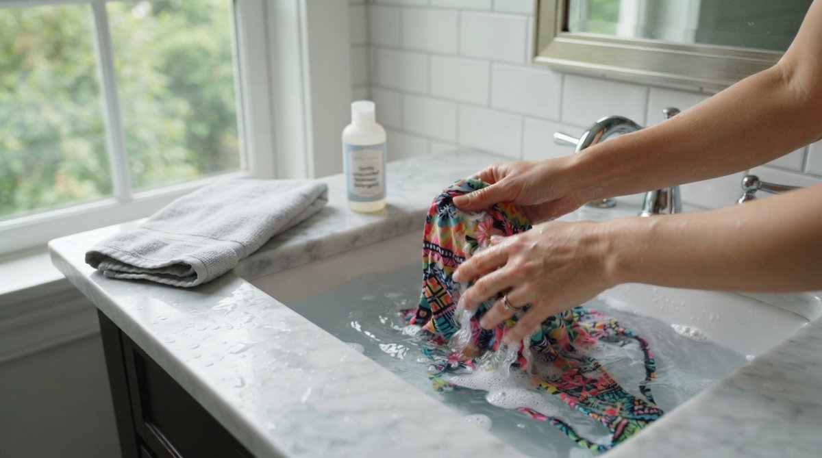 Hands gently hand-washing a colorful swimsuit in cool water with mild detergent in a white bathroom sink, with natural window light illuminating the fabric