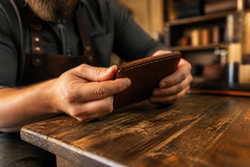 Close-up of a craftsman's hands running a thumb across a full-grain leather wallet edge on a worn wooden workbench, stitching and natural grain clearly visible under warm shop lighting