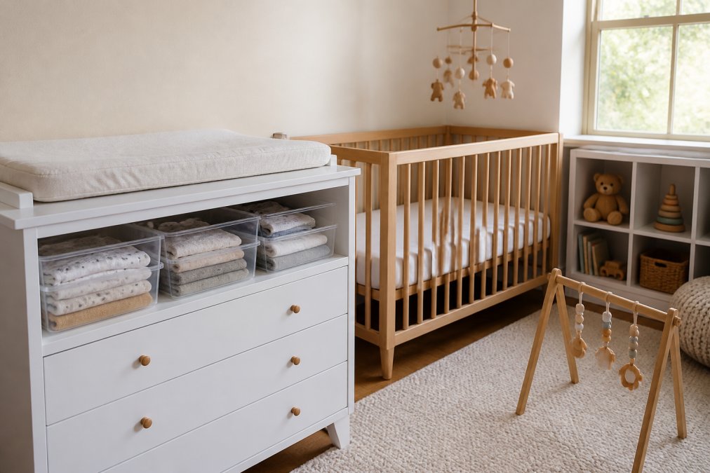 Minimalist nursery with organized baby essentials including a white changing table with soft cotton pad cover, clear storage bins with folded clothing, a simple wooden crib, and a few carefully selected toys on low shelves in natural daylight