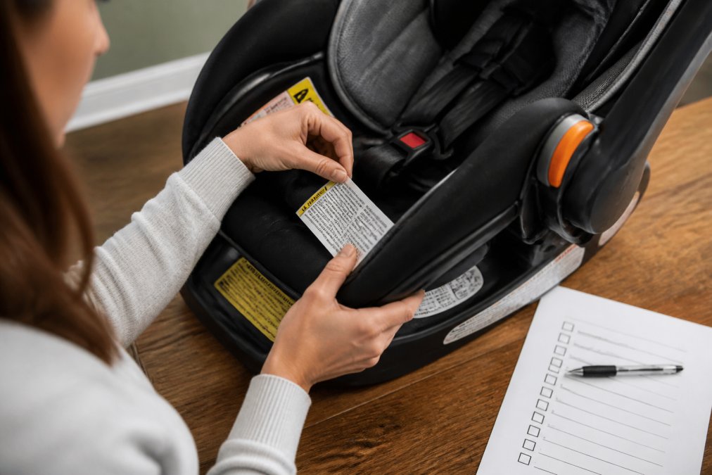 Parent's hands carefully inspecting a car seat, checking the expiration date label and safety certification markings with a printed checklist on a wooden table beside them