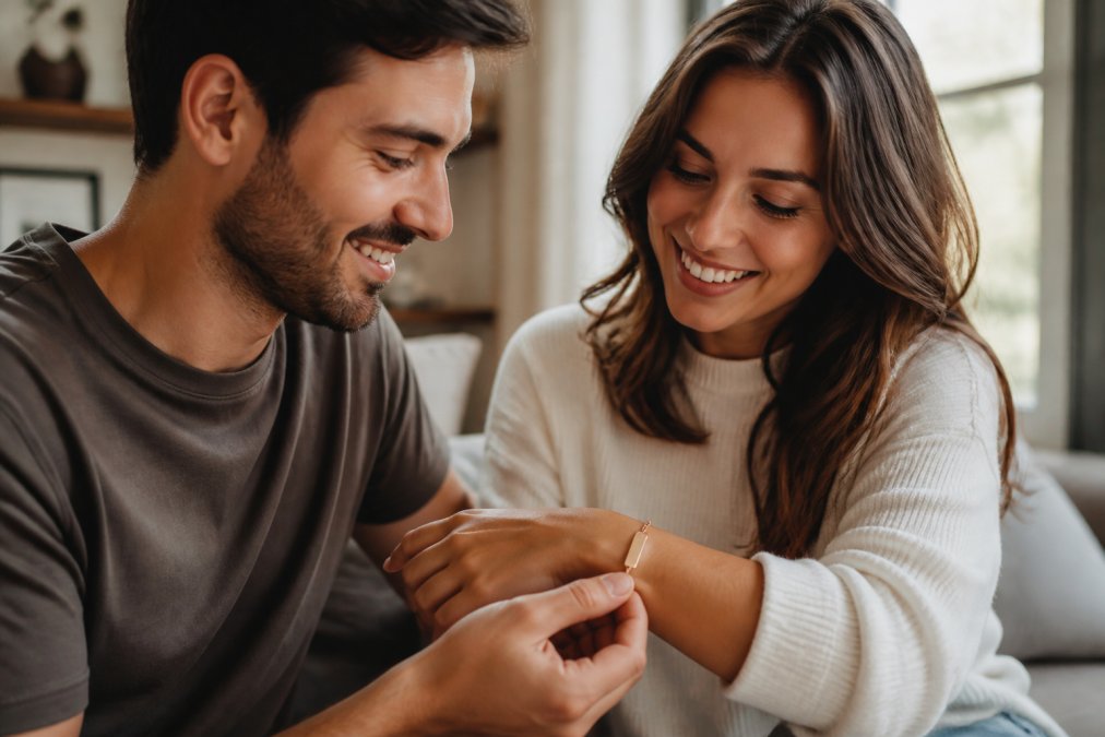 A couple exchanging an engraved custom bracelet, both smiling as they examine the personalized inscription together in soft natural lighting