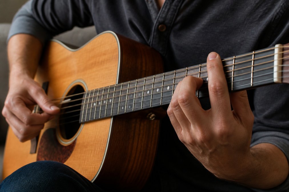 Musician's hands positioned on the neck of an acoustic guitar, showing the wider body and natural wood finish with visible grain patterns, soft studio lighting highlighting the instrument's craftsmanship and the player's finger placement