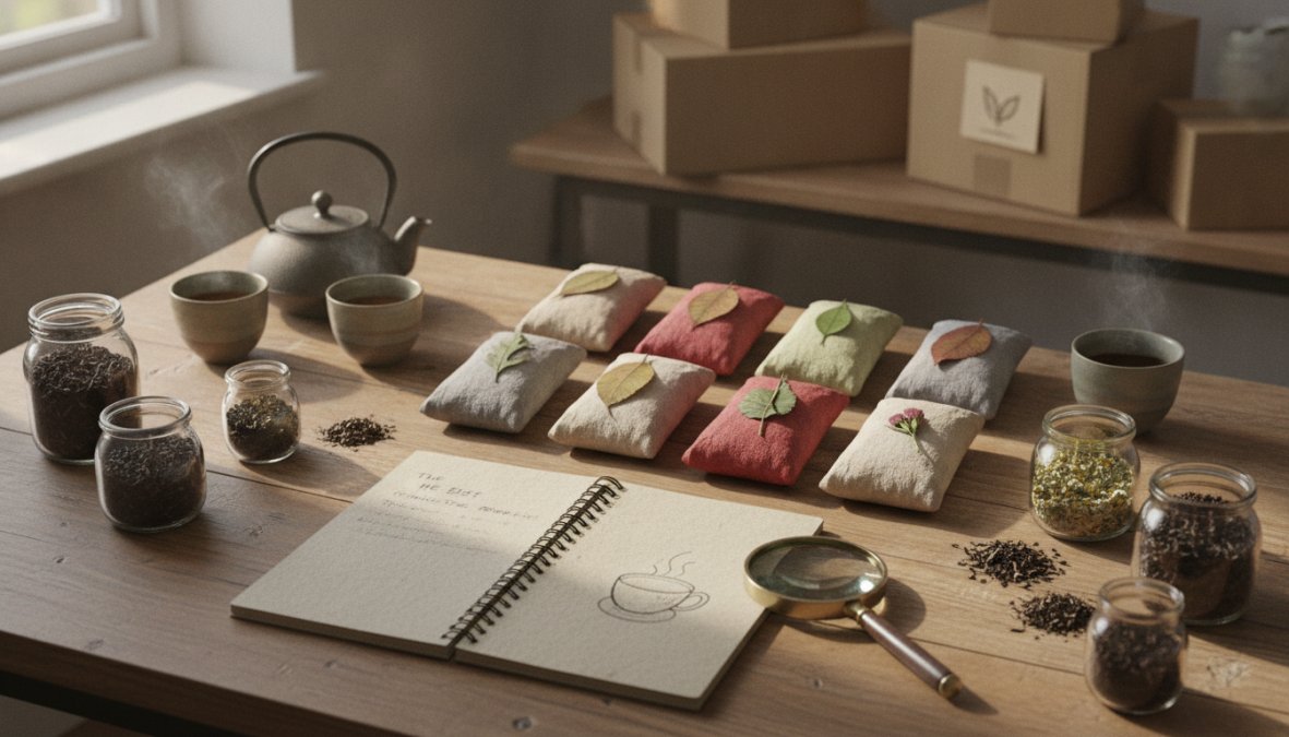 Flat lay of various loose leaf teas in small ceramic bowls arranged on a weathered wooden surface alongside a clay gaiwan and a kyusu teapot, warm afternoon natural light casting soft shadows