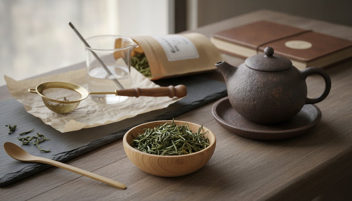 Close-up of hands pouring hot water from a matte black gooseneck kettle into a small ceramic gaiwan filled with unfurled green tea leaves, visible steam rising against a clean white background in soft diffused natural light