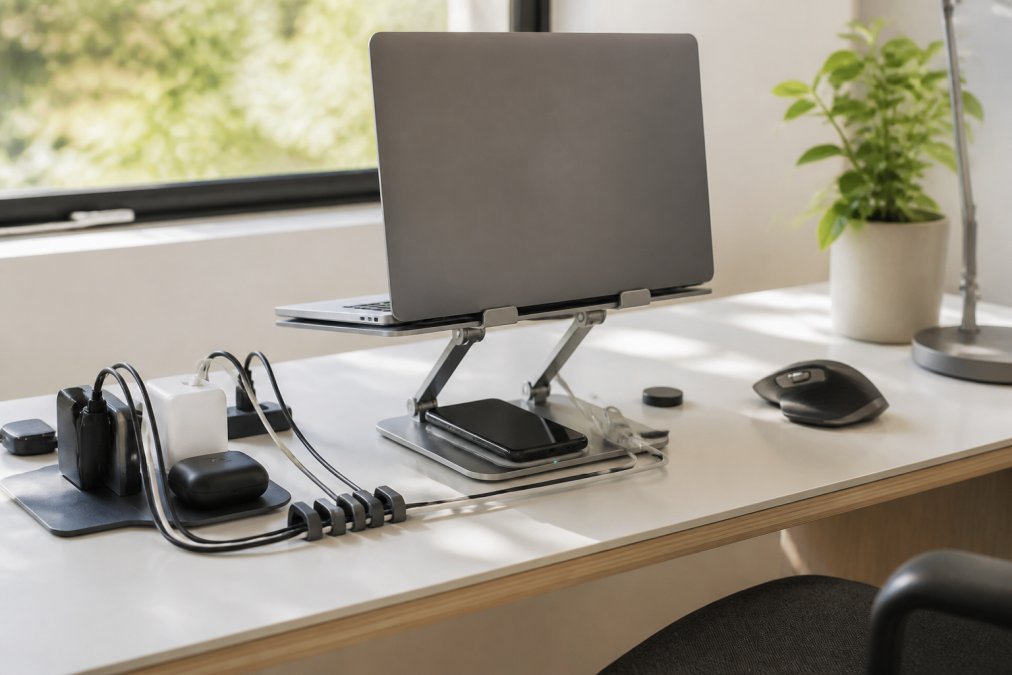 Home office desk setup featuring a laptop elevated on a metal stand with wireless charging pad, organized cable management, ergonomic mouse, and multiple device chargers neatly arranged on a clean white desk with natural window lighting