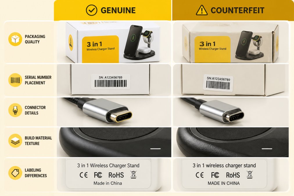 Close-up comparison photograph showing genuine versus counterfeit tech accessories side by side on a white surface, with focus on packaging quality, serial number placement, connector details, build material texture, and labeling differences under bright studio lighting