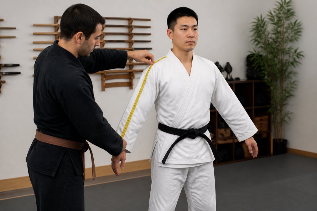 Person standing straight while being measured at shoulder width, torso length from shoulder to wrist, and inseam length from hip to ankle in neutral stance