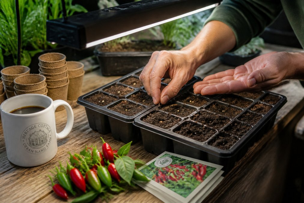 Hands carefully placing small pepper seeds into seed-starting trays filled with moist potting mix, with grow lights suspended above and seed packets visible on a wooden workbench