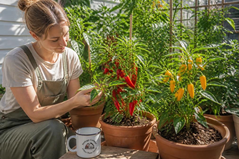 Thriving red and yellow pepper plants flourishing in terra-cotta containers on a sunny patio, with ripe peppers visible among green foliage and morning light casting shadows
