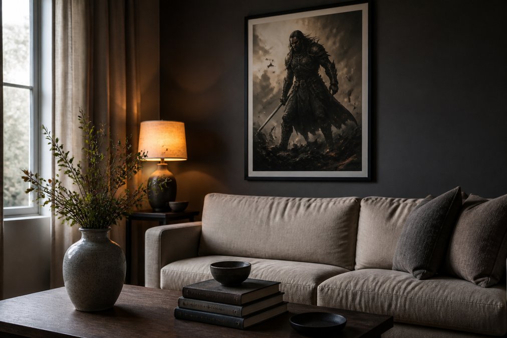 A moody living room with a large dark fantasy poster framed above a neutral linen sofa, styled with a ceramic vase, a stack of classic books, and warm lamp light on a side table