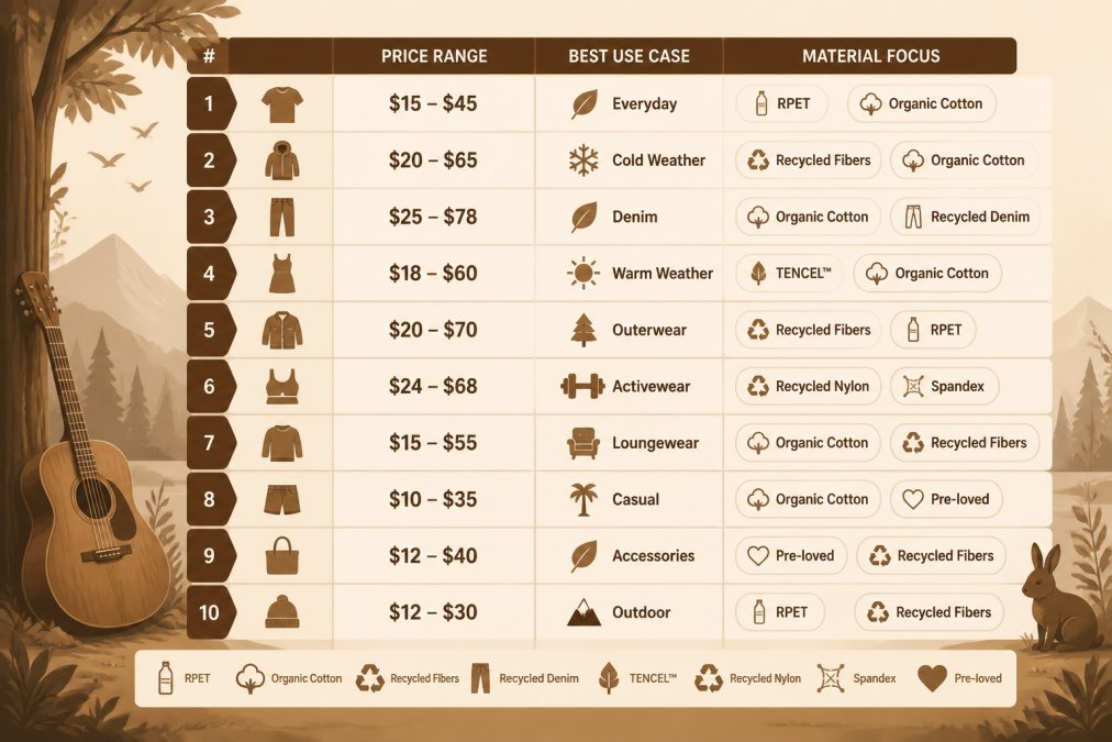 Comparison matrix of 10 recycled clothing retailers showing price ranges from $10 to $78, best use cases, and material focus labels like RPET, organic cotton, and pre-loved