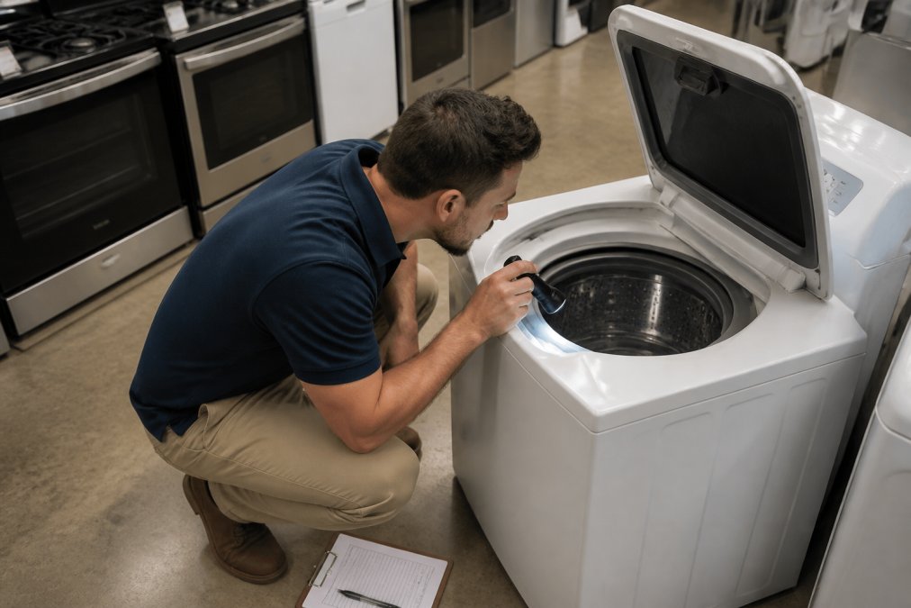 A person crouching in front of an open-top washing machine in a bright showroom, holding a flashlight and inspecting the drum interior, with a clipboard and checklist on the floor nearby