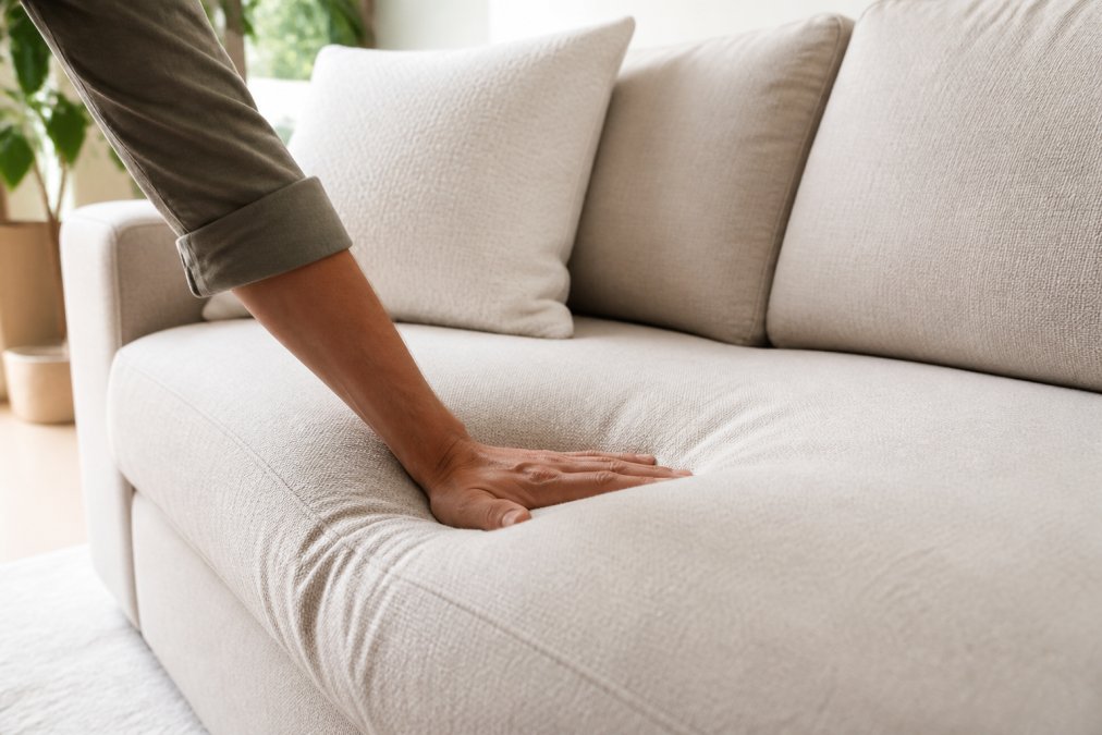 A hand pressing into a new upholstered sofa cushion in a bright living room, testing the foam's firmness and immediate recovery as the fabric smooths back out