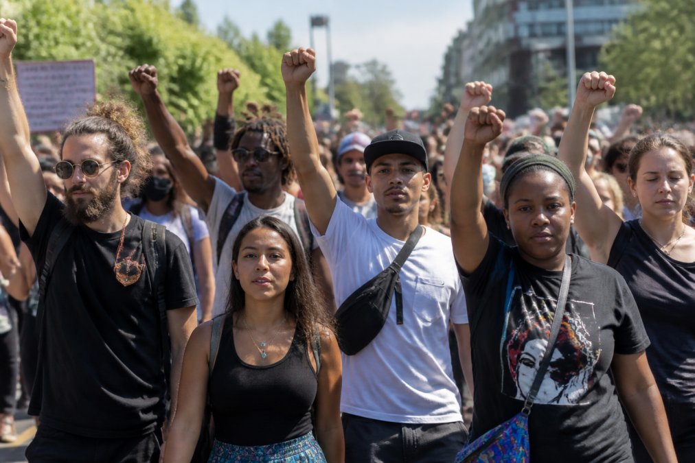 A diverse group of people at a march wearing statement hoodies and tees with visible resistance slogans, standing together outdoors in daylight with raised fists and determined expressions