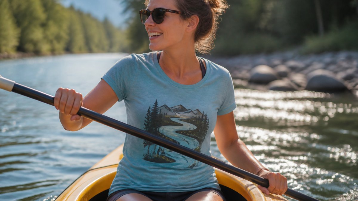 Woman paddling a kayak on a river wearing river-themed graphic tee, smiling with natural sunlight reflecting off the water in the background