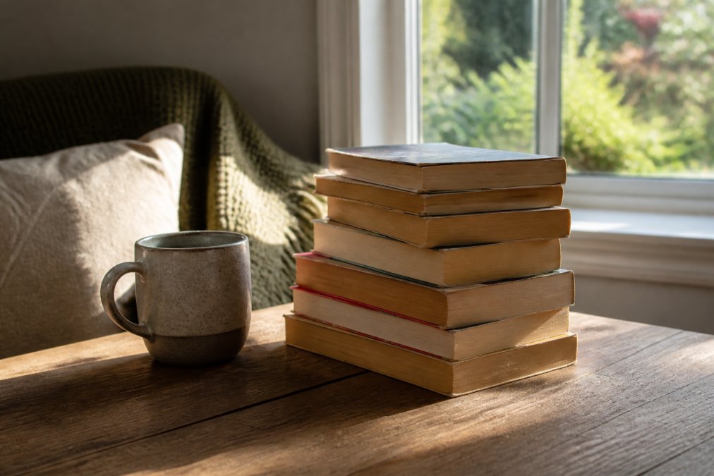 A neat stack of well-loved paperback fiction books on a wooden table, a ceramic coffee mug beside them, warm afternoon light through a window in a cosy reading corner