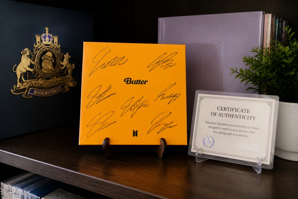 Close-up of a hand-signed BTS Butter Deluxe album cover resting on a dark wooden display shelf, with soft natural light catching the metallic signature ink and a Certificate of Authenticity card visible beside it