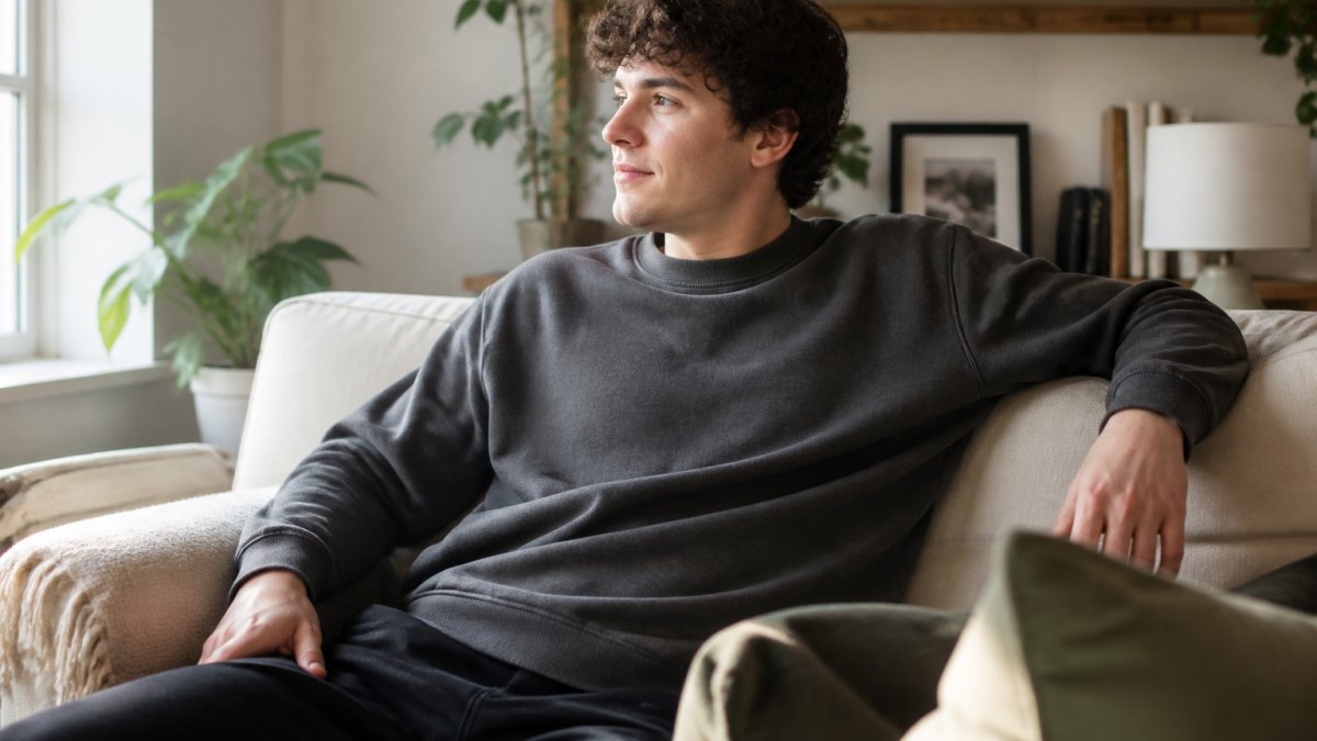 Person wearing a comfortable crewneck sweatshirt in a casual home setting, relaxed posture, natural window lighting showing the quality fabric and fit of small-batch apparel
