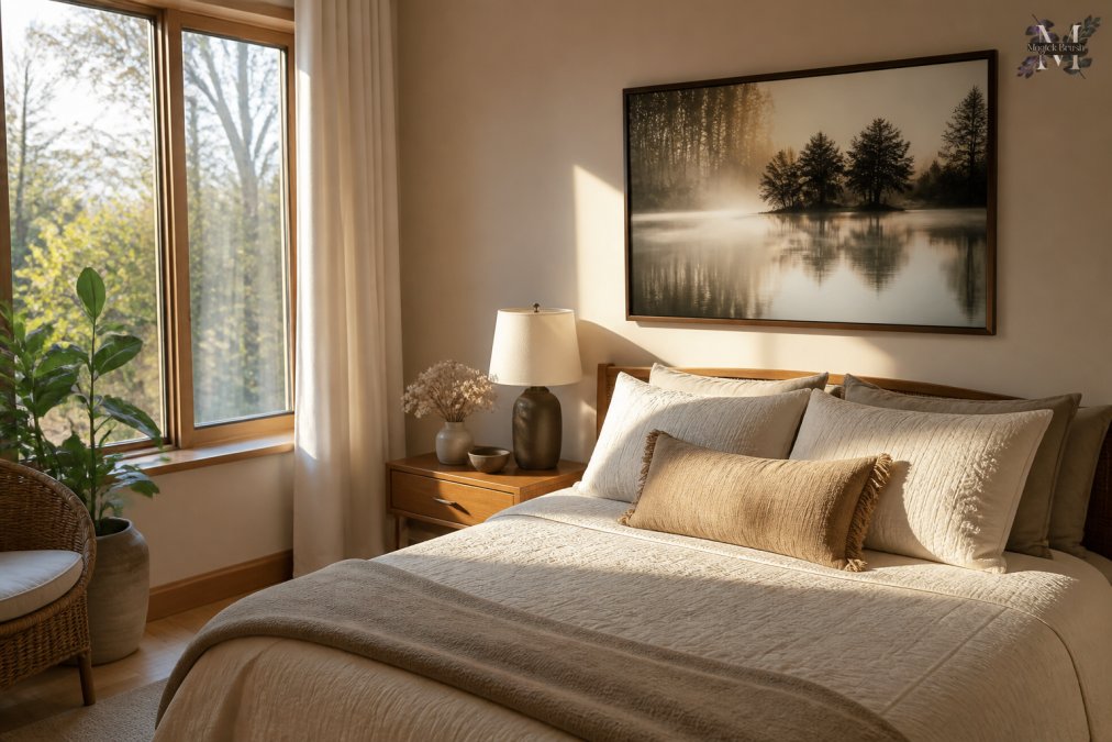 Serene bedroom sanctuary with soft natural light streaming through windows, a fine-art nature photograph displayed prominently on the wall above a simple bed, creating a grounded and contemplative atmosphere
