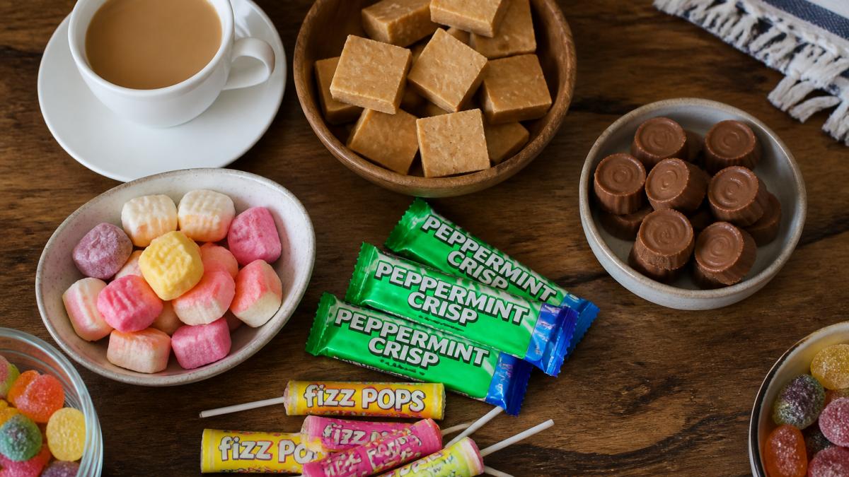 A colourful flat-lay of South African sweets including Peppermint Crisp bars, Fizz Pops, fudge and Sweetie Pies arranged on a wooden table with a cup of tea
