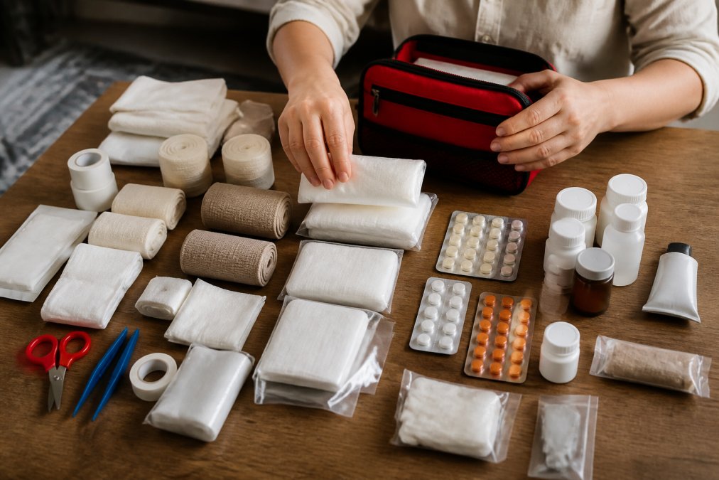 Hands organizing individual medical supplies and medications on a flat surface, including bandages, gauze pads, tape, antiseptic wipes, and medications arranged into organized groups