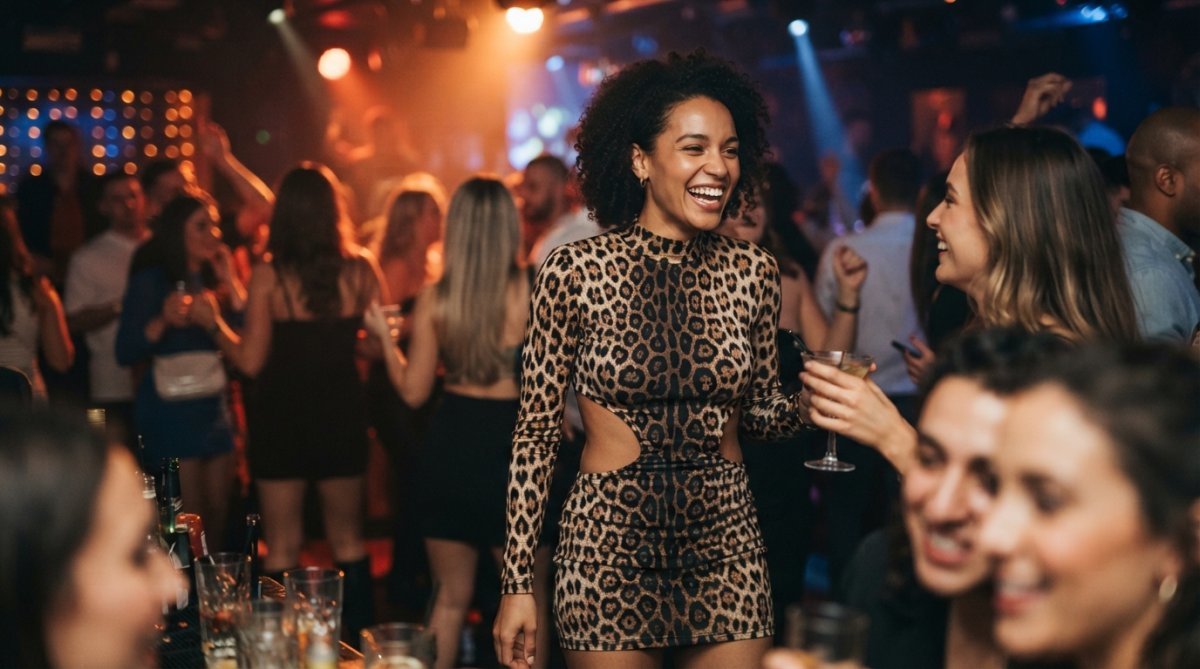 Woman wearing a statement animal print mini dress with bold side cutouts, posing confidently at a vibrant nightclub with warm ambient lighting and blurred background