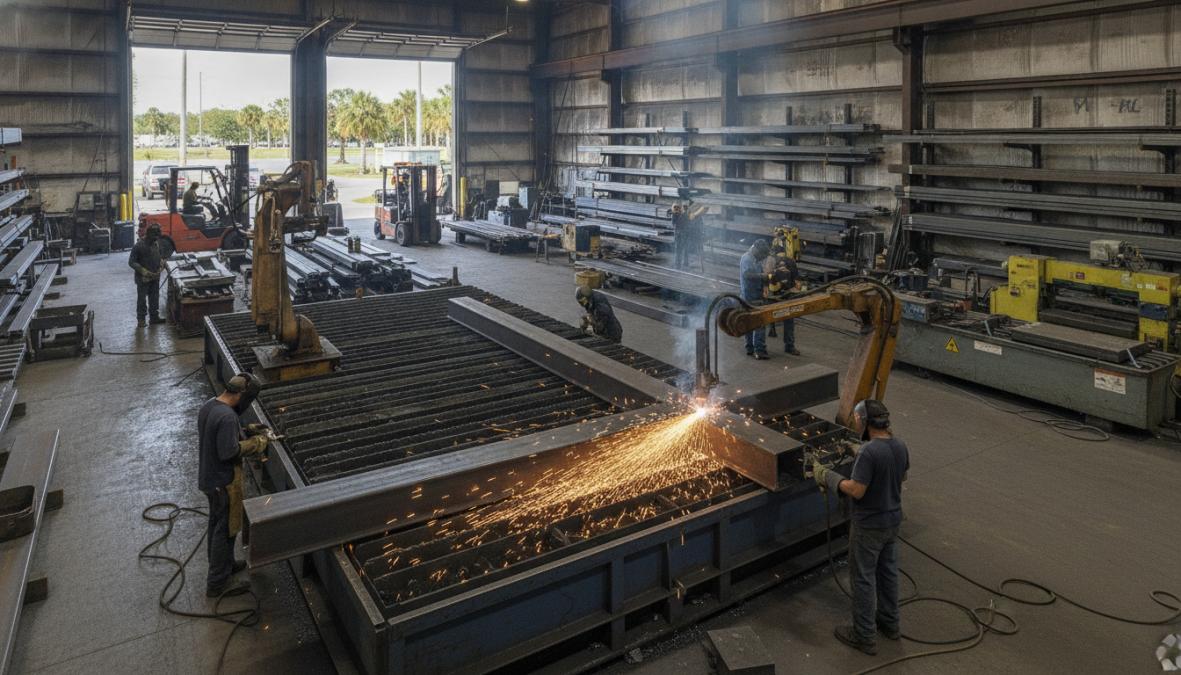 Industrial worker operating CNC plasma cutting equipment on a steel I-beam in a bright fabrication shop with overhead cranes visible