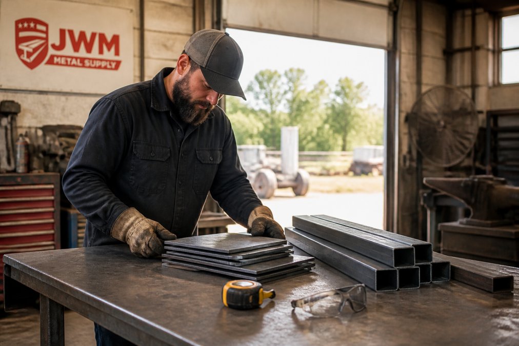 Welder examining cut steel plates and metal tubing on a workbench in a sunlit workshop