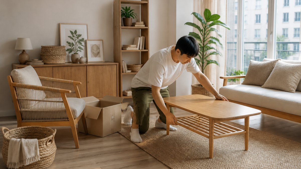 Young professional arranging sustainable wood furniture in a sunlit minimalist apartment living room