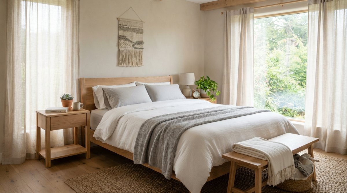 A bright, airy bedroom with organic cotton bedding in neutral white and grey tones, styled with natural wood nightstands and a green potted plant, soft morning light streaming through sheer curtains